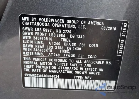 2018 Volkswagen Atlas 3.6L V6 Sel z USA, uszkodzony, nr VIN 1V2MR2CA8JC584024